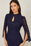 Yumi Navy Lace Fitted Midi Dress With Flute Sleeves