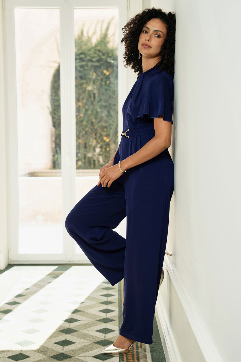 Yumi Navy Buckle Jumpsuit With Twist Knot Detail