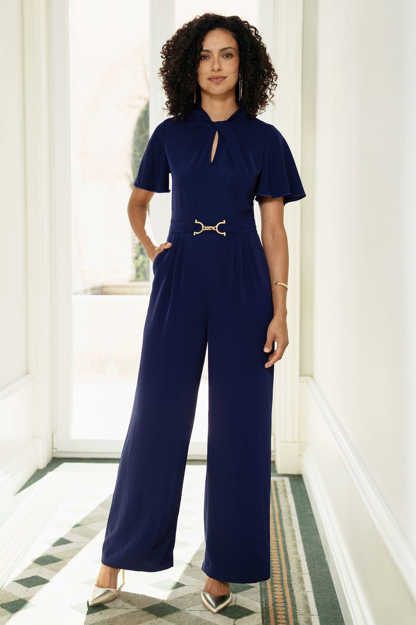 Yumi Navy Buckle Jumpsuit With Twist Knot Detail