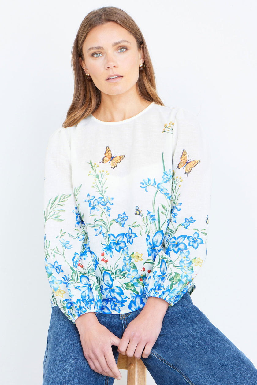 Yumi Ivory Butterfly Print Long Sleeve Top