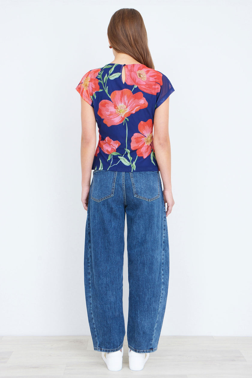 Yumi Navy Poppy Mesh Top