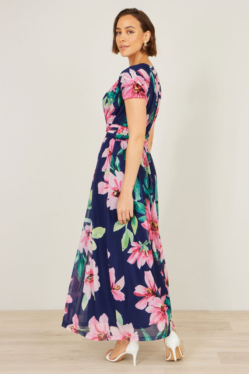 Yumi Navy Mesh Floral Maxi Dress