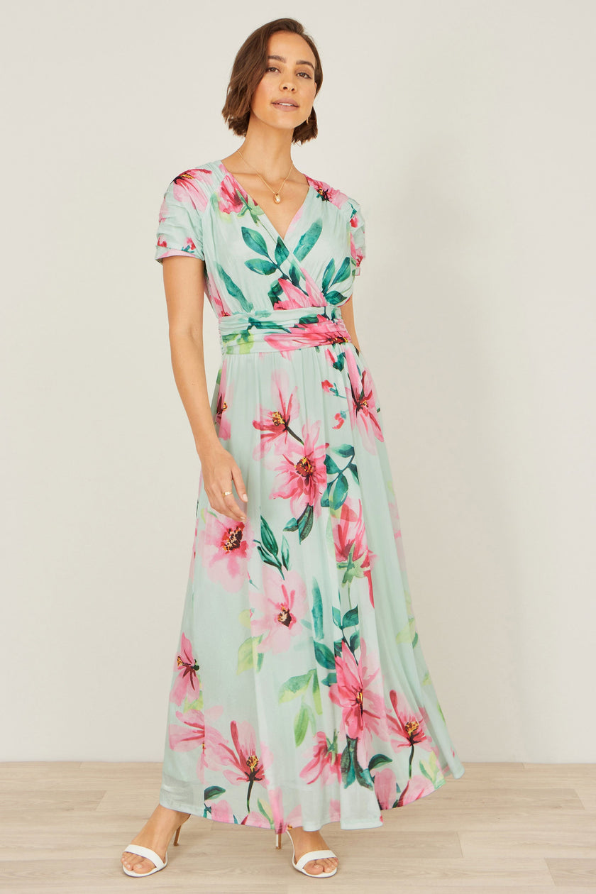 Yumi Mint Mesh Floral Maxi Dress