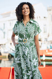 Yumi Green Leaf Print Viscose Relaxed Midi Shirt Dress