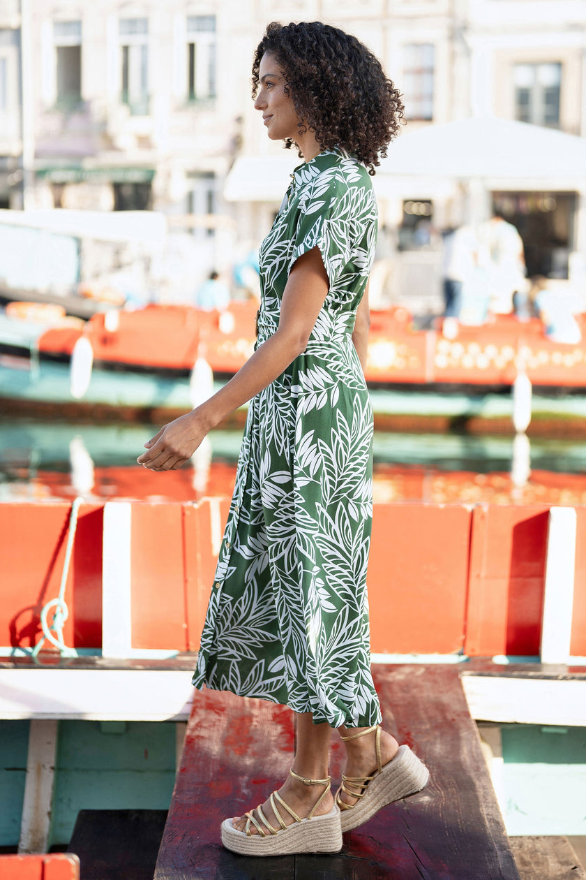 Yumi Green Leaf Print Viscose Relaxed Midi Shirt Dress