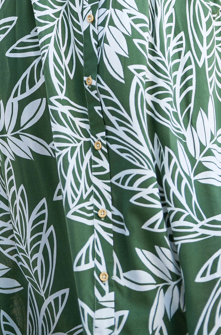 Yumi Green Leaf Print Viscose Relaxed Midi Shirt Dress