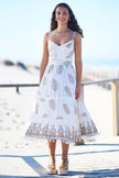 Yumi Ivory Foil Print Midi Sun Dress With Lace Trims