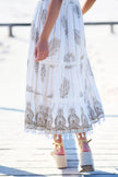 Yumi Ivory Foil Print Midi Sun Dress With Lace Trims