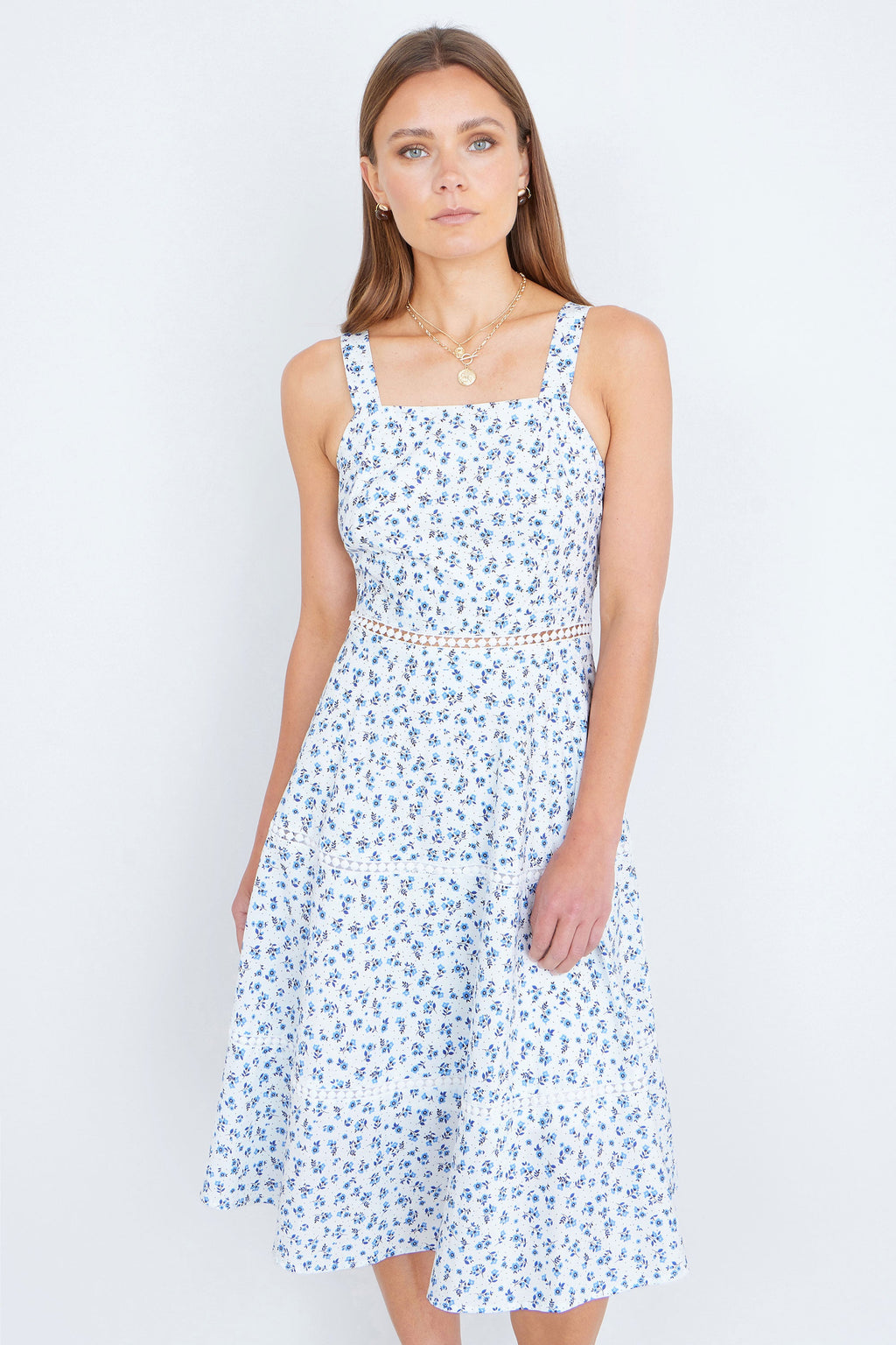 Yumi White Ditsy Floral Cotton Midi Sun Dress With Lace Trims