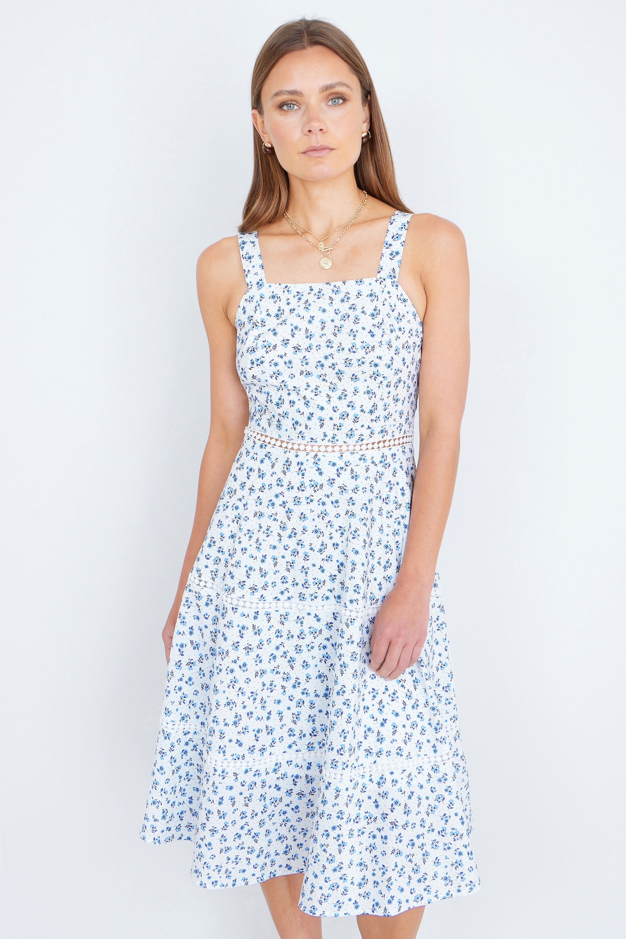 Yumi White Ditsy Floral Cotton Midi Sun Dress With Lace Trims