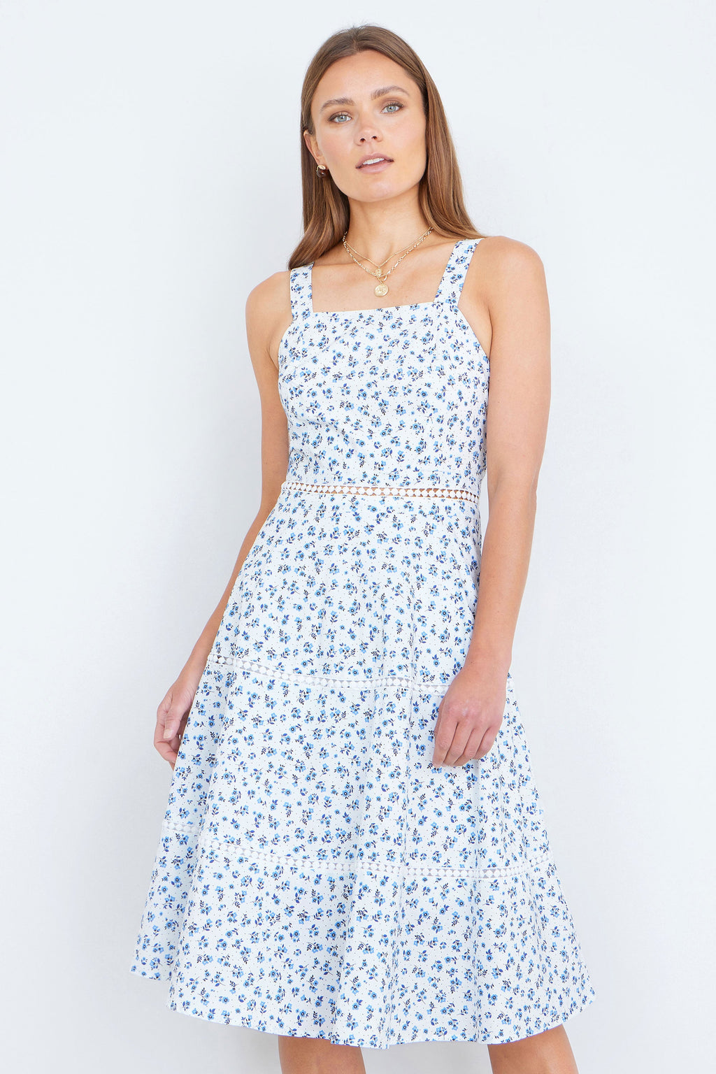 Yumi White Ditsy Floral Cotton Midi Sun Dress With Lace Trims
