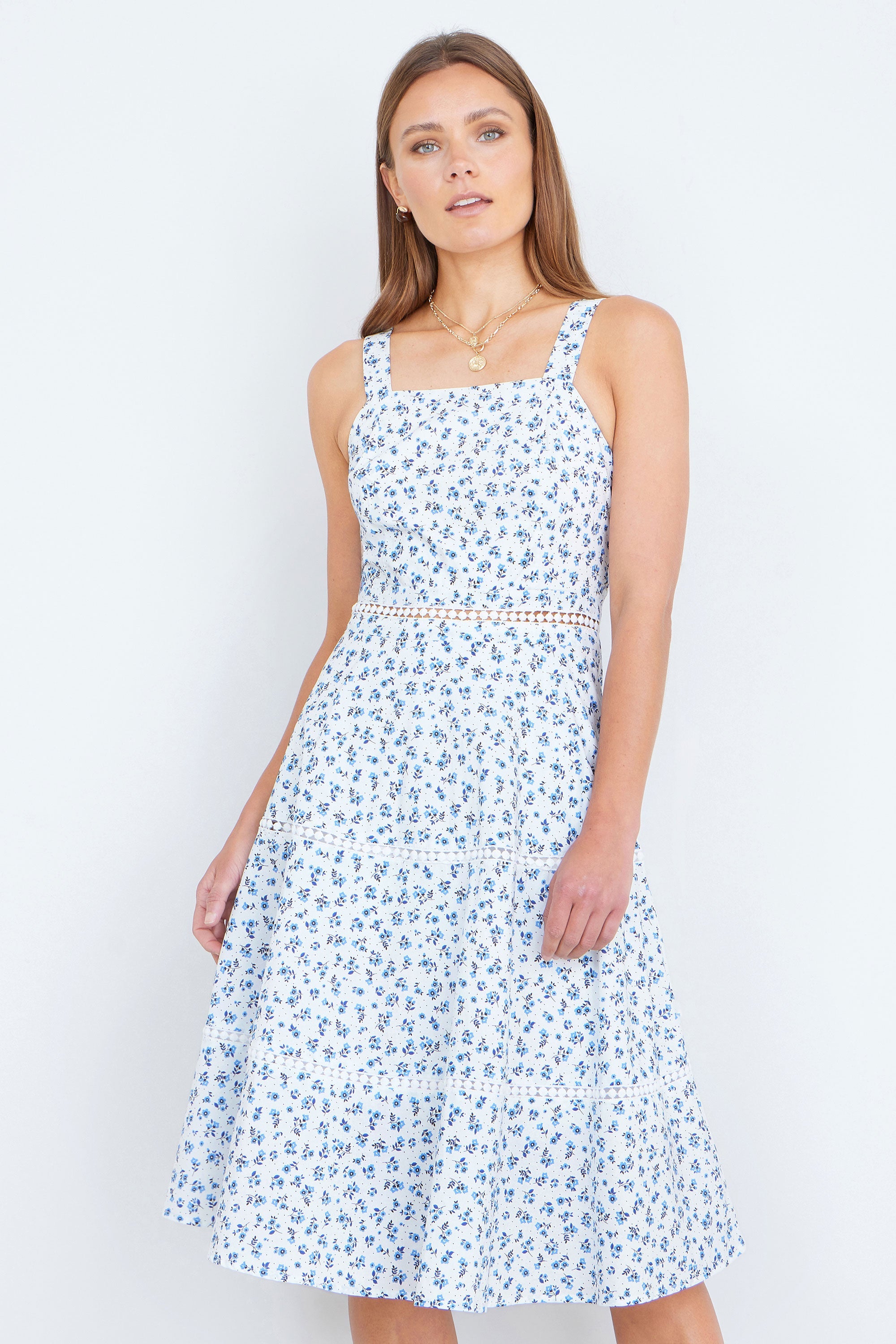 Yumi White Ditsy Floral Cotton Midi Sun Dress With Lace Trims