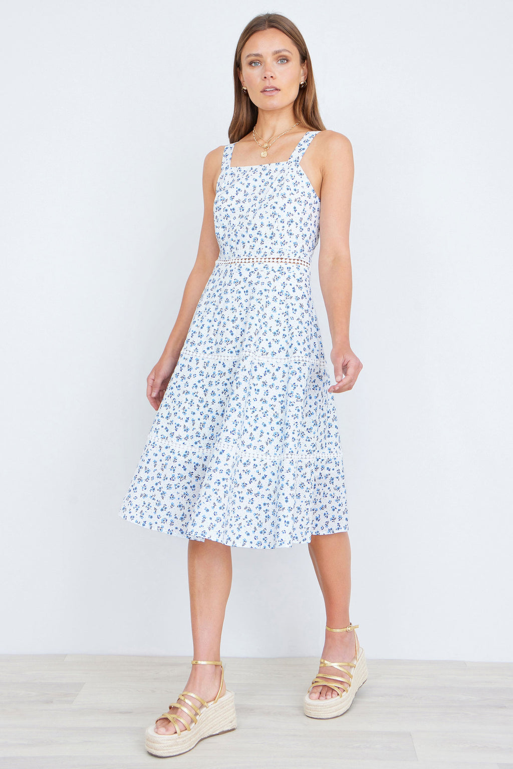 Yumi White Ditsy Floral Cotton Midi Sun Dress With Lace Trims