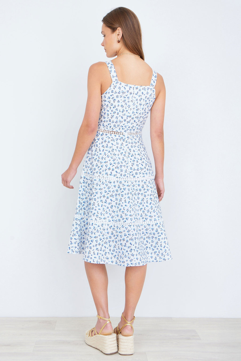 Yumi White Ditsy Floral Cotton Midi Sun Dress With Lace Trims