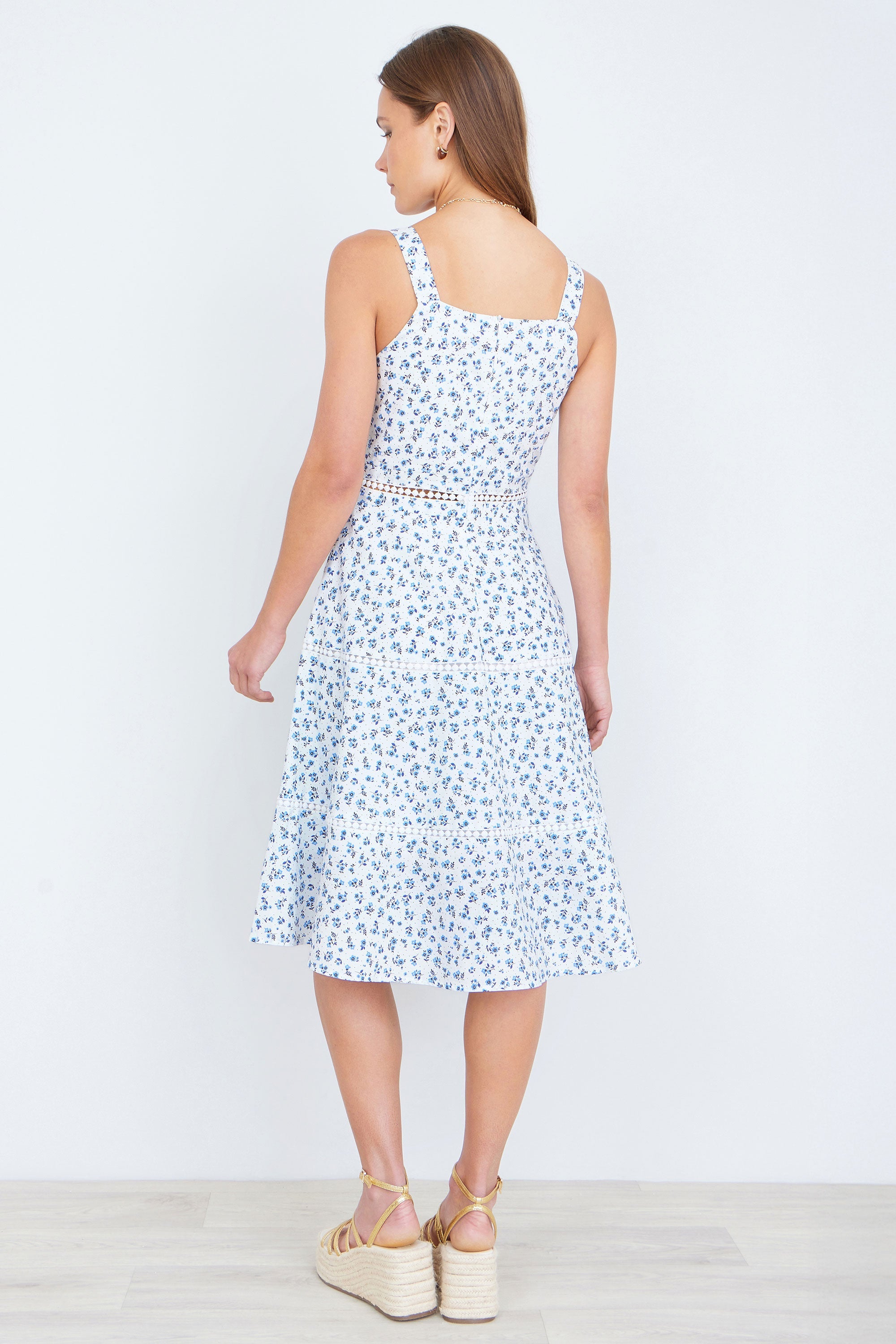 Yumi White Ditsy Floral Cotton Midi Sun Dress With Lace Trims