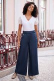 Yumi Blue Chambray Wide Leg Trousers With Button Details