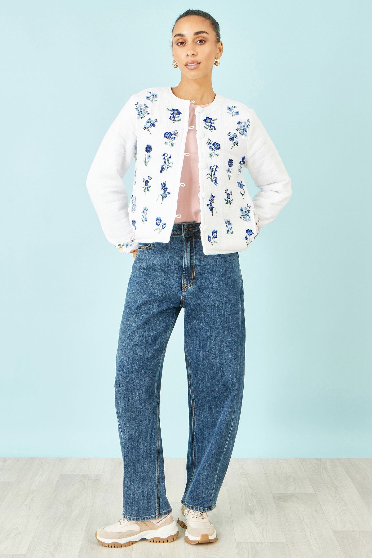 Yumi White Floral Embroidery Reversible Cotton Jacket