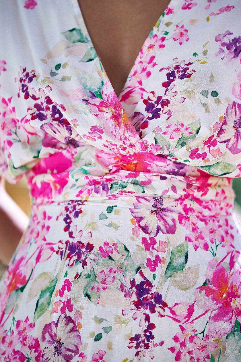 Yumi Pink Mirror Floral Print Ruched Waist Kimono Midi Dress