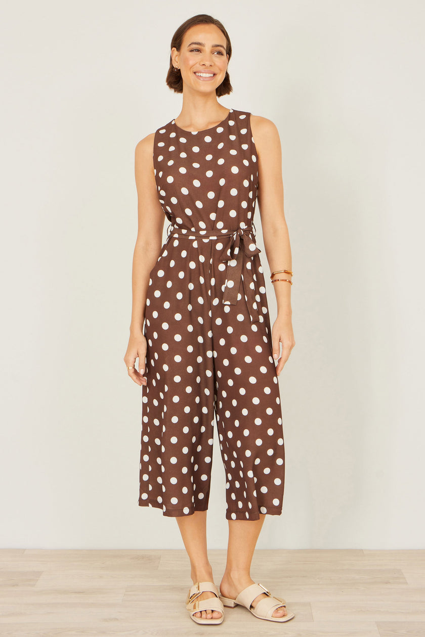 Yumi Brown Polka Dot Culotte Jumpsuit
