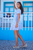 Yumi Blue Cotton Floral Puff Sleeve Skater Dress