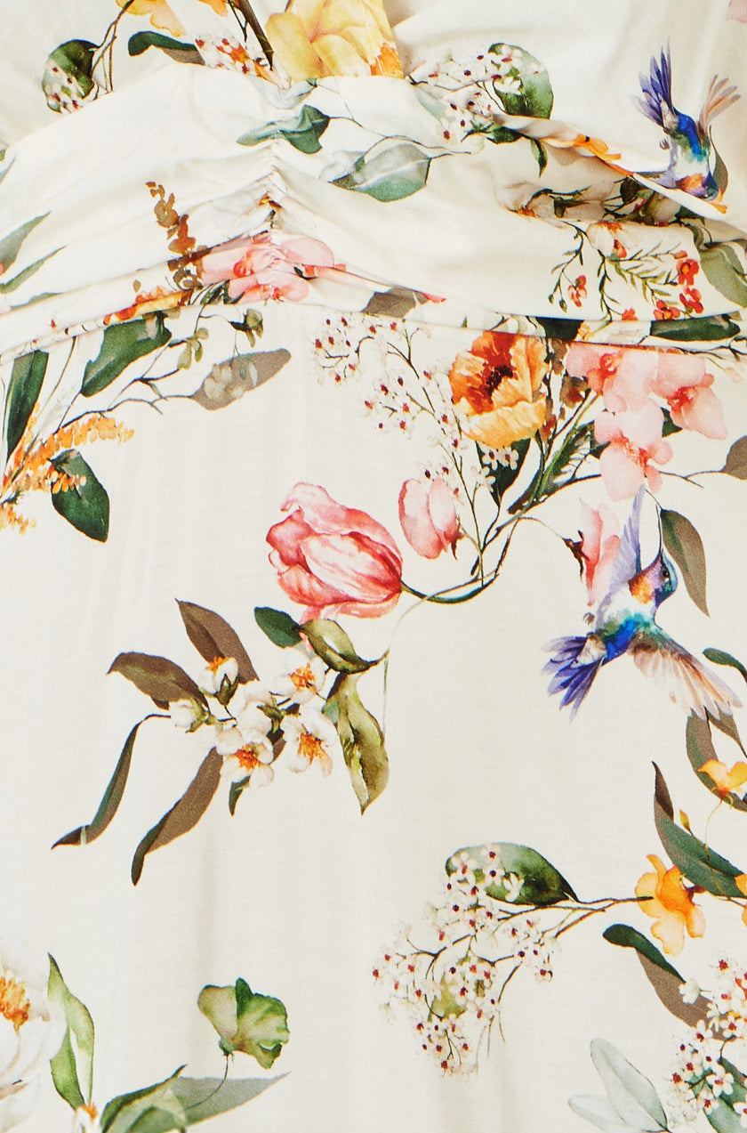 Yumi Ivory Viscose Floral Print Midi Dress With Ruched Waist