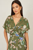 Yumi Sage Green Viscose Floral Print Midi Dress With Ruched Waist