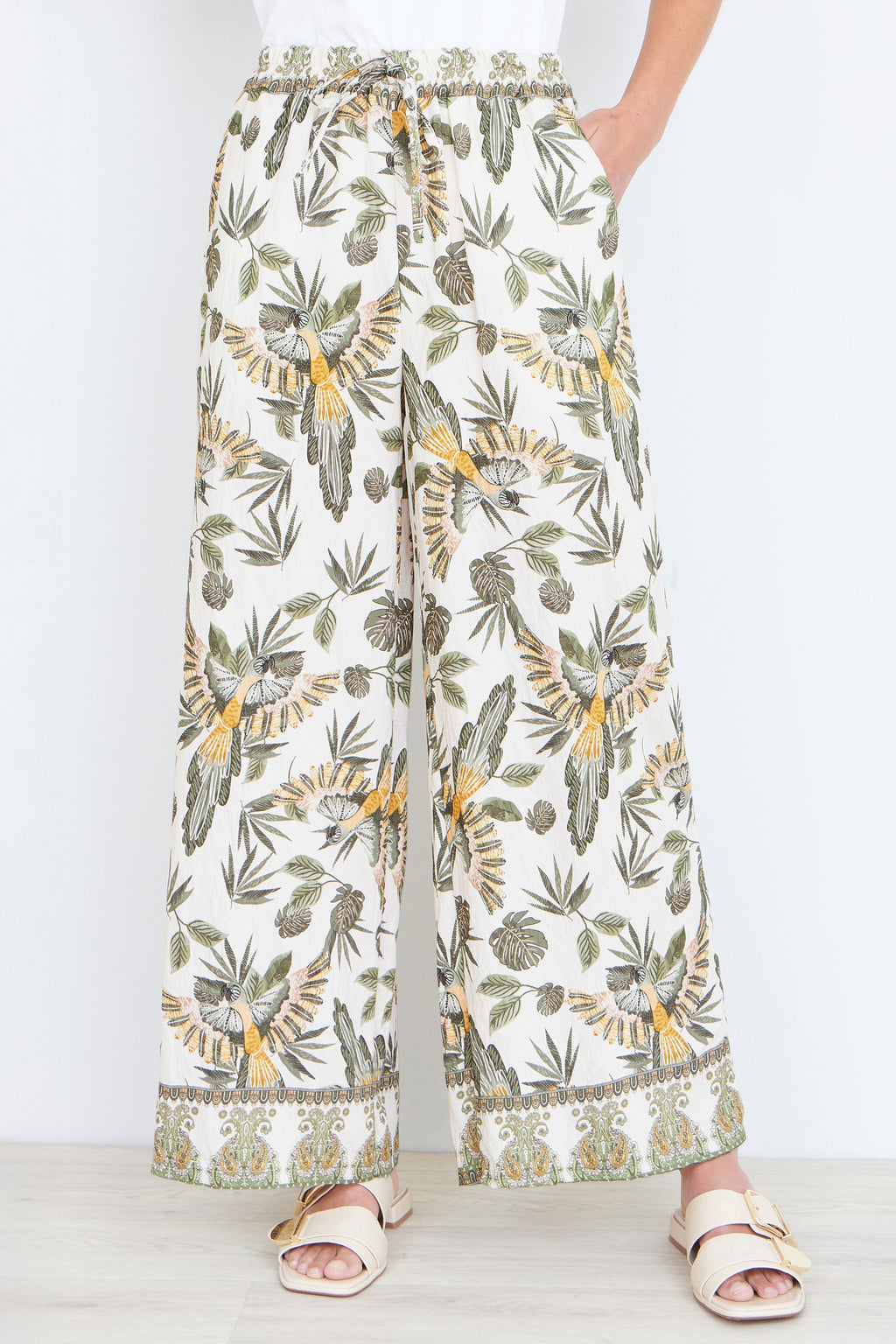 Yumi Green Bird Print Viscose Wide Leg Trousers