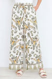 Yumi Green Bird Print Viscose Wide Leg Trousers