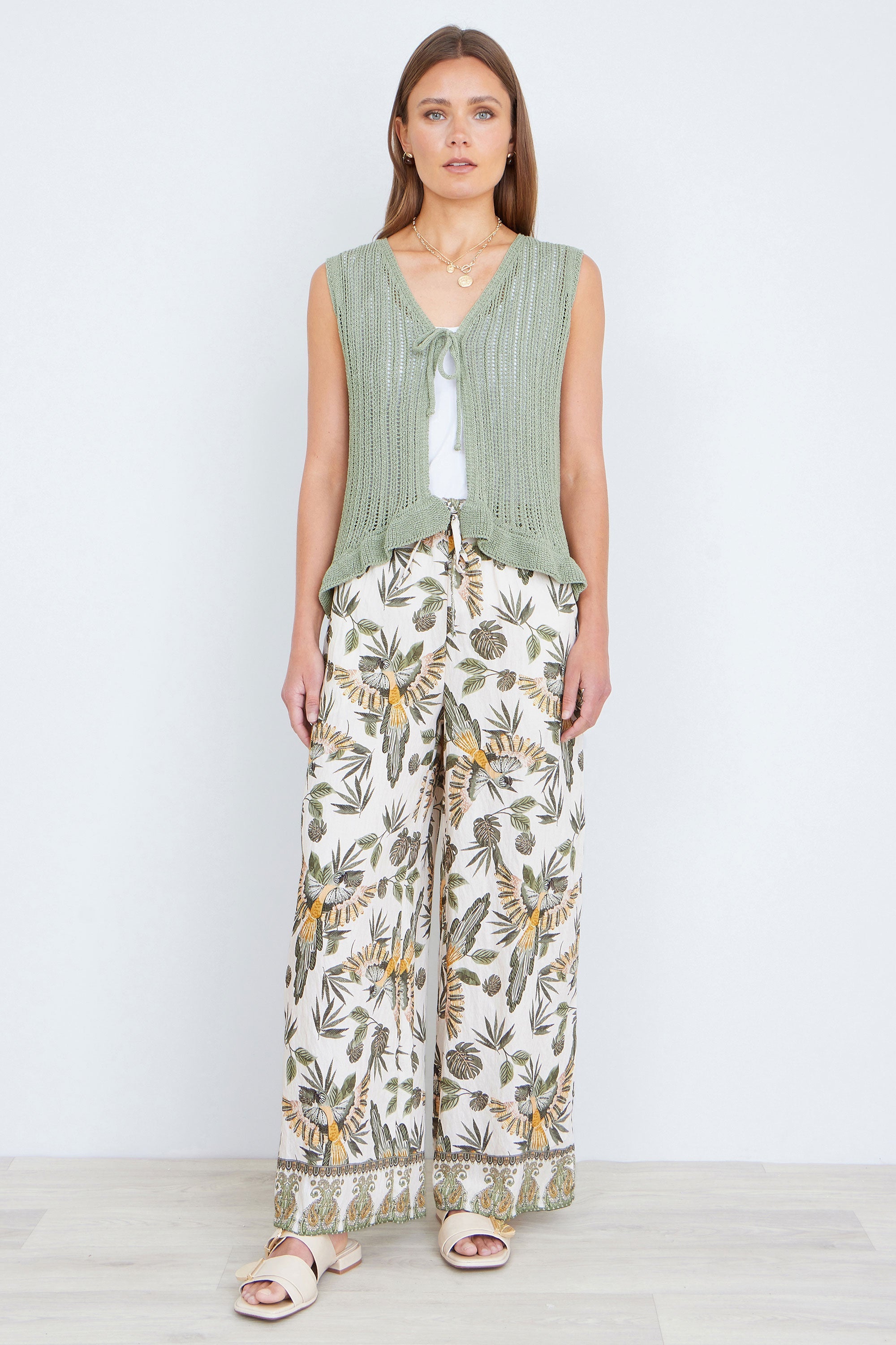 Yumi Green Bird Print Viscose Wide Leg Trousers