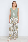Yumi Green Bird Print Viscose Wide Leg Trousers