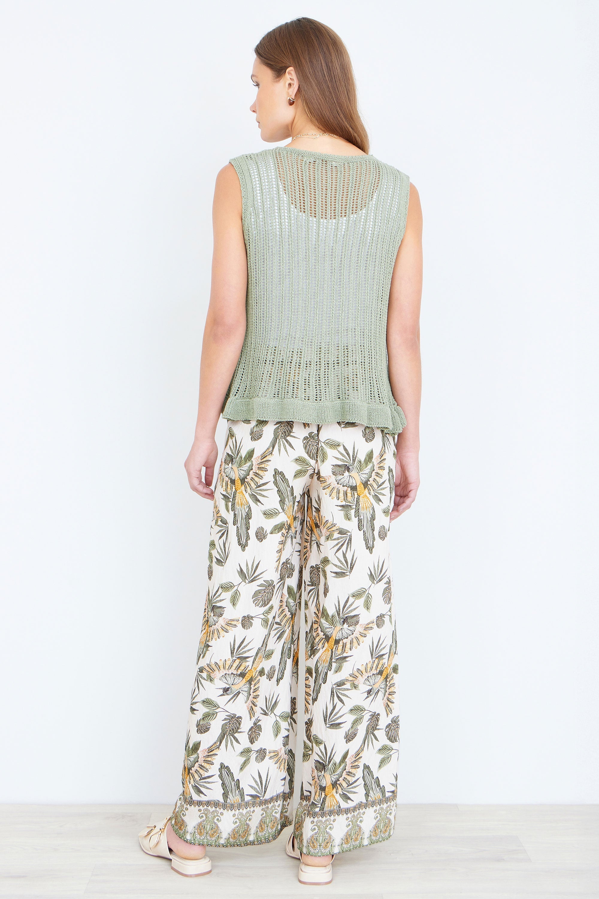 Yumi Green Bird Print Viscose Wide Leg Trousers