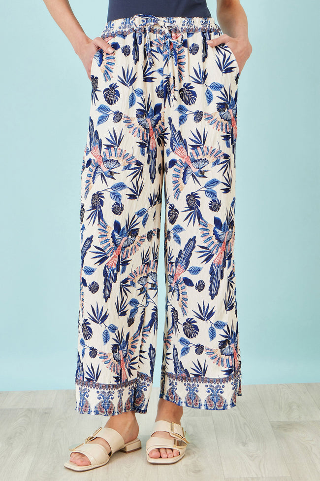Yumi Blue Bird Print Viscose Wide Leg Trousers