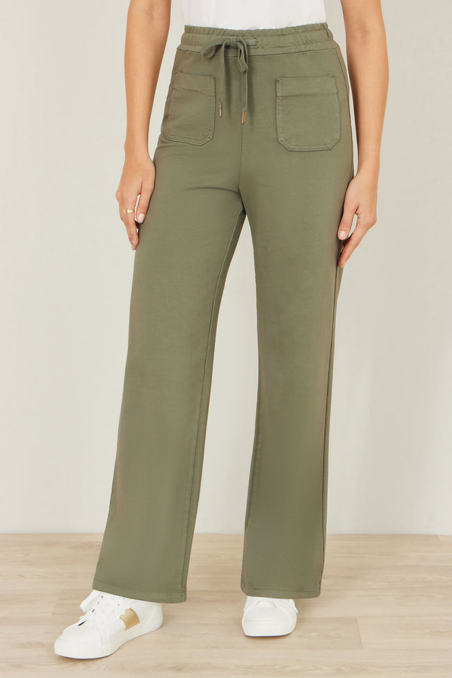 Yumi Khaki Relaxed Stretch Wide Leg Trousers With Pockets