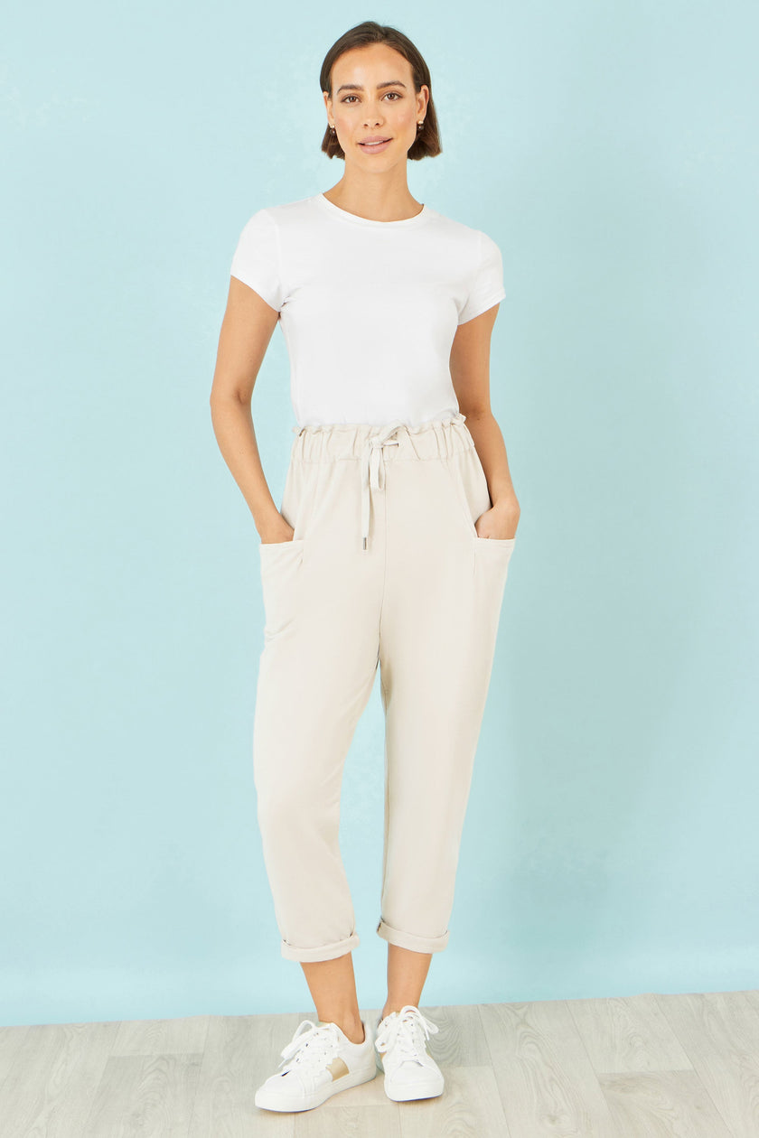 Yumi Cream Cotton Relaxed Stretch Trousers With Pockets
