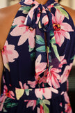 Yumi Navy Floral Halter Neck Midi Dress With Matching Belt
