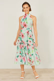 Yumi Mint Floral Halter Neck Midi Dress With Matching Belt