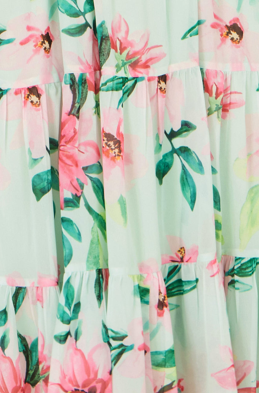 Yumi Mint Floral Halter Neck Midi Dress With Matching Belt