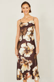 Yumi Brown Cowl Neck Satin Floral Dress