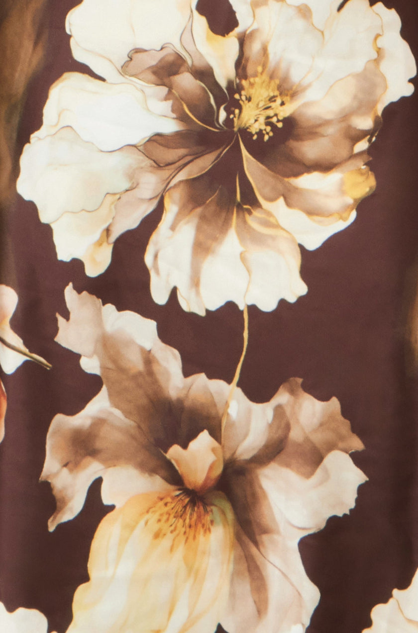Yumi Brown Cowl Neck Satin Floral Dress
