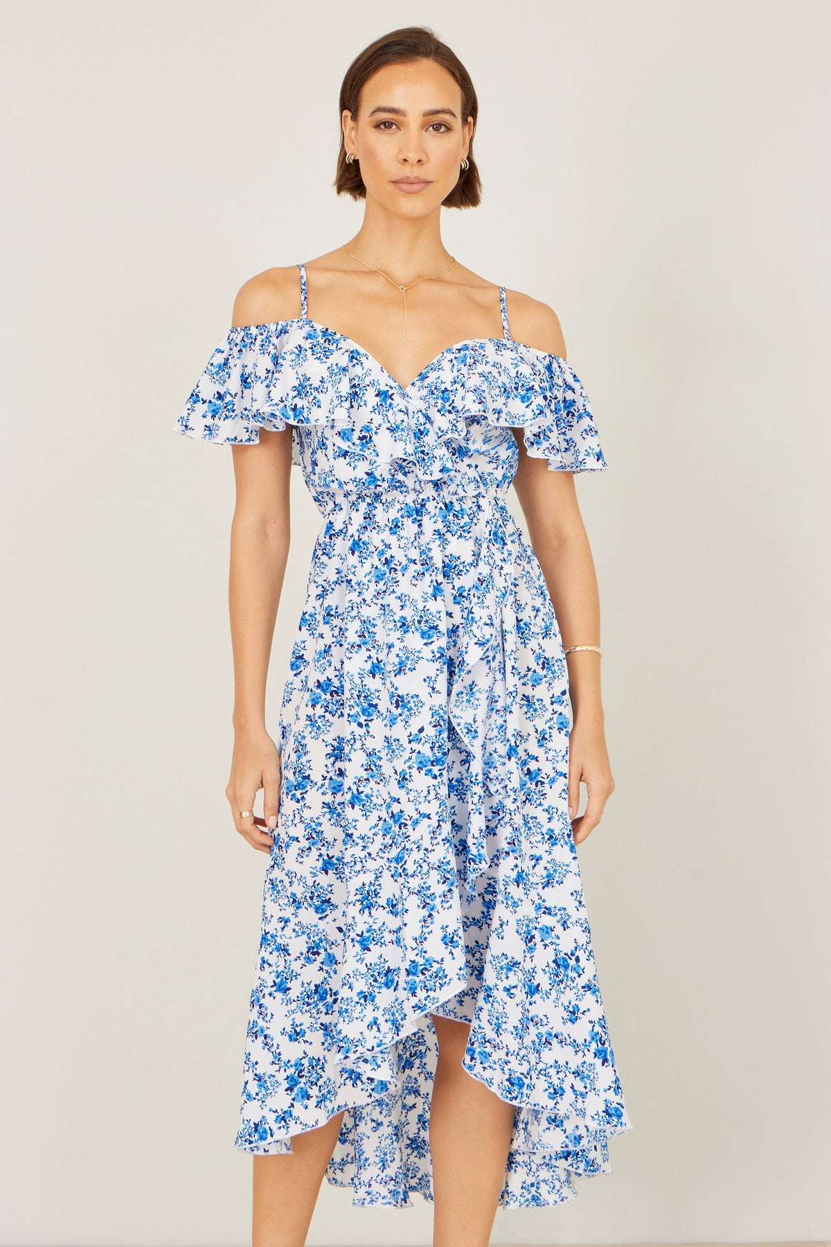 Yumi Blue Floral Print Bardot Midi Dress With Dip Hem