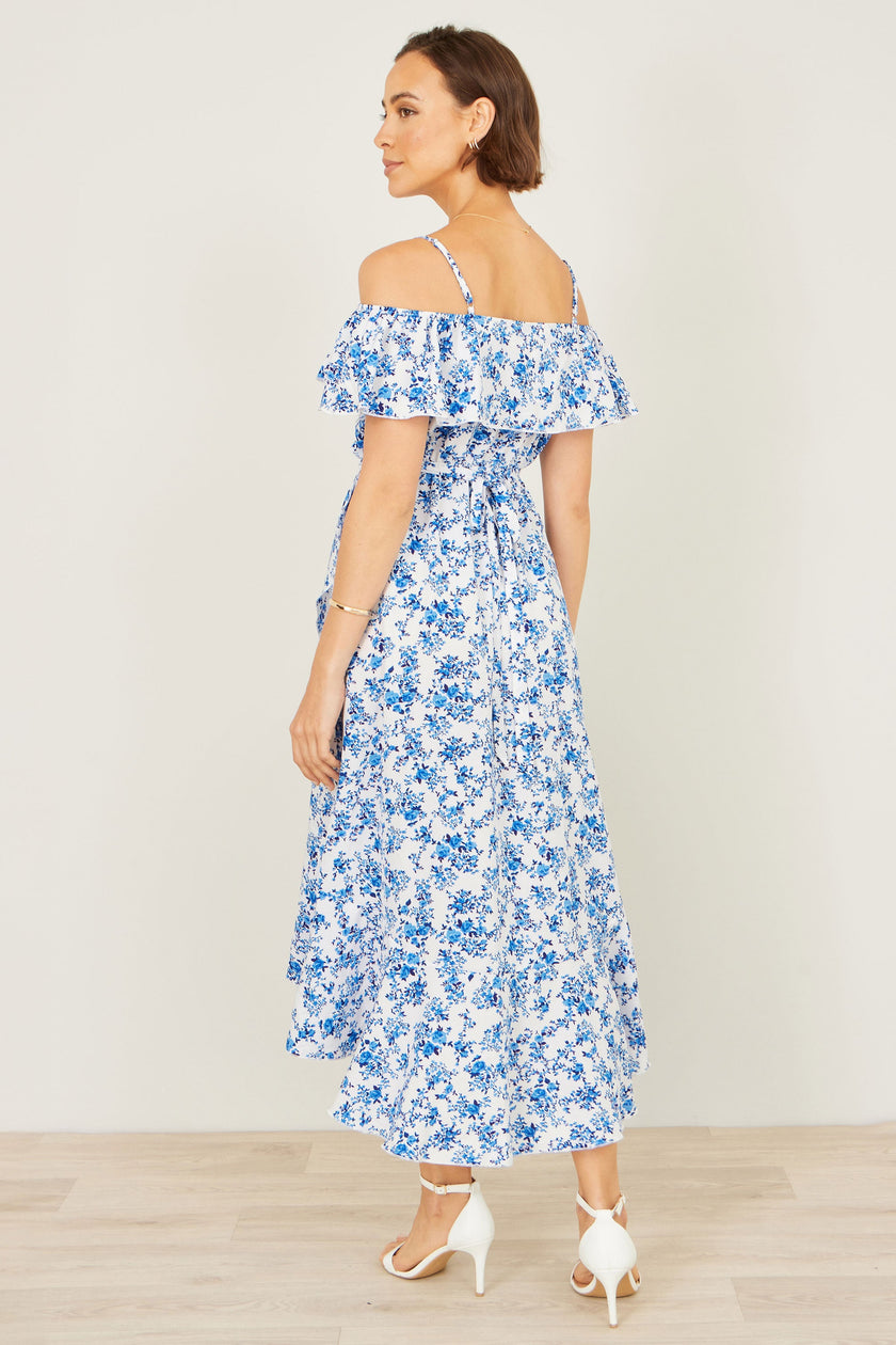 Yumi Blue Floral Print Bardot Midi Dress With Dip Hem