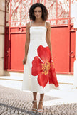 Yumi White Oversize Poppy Placement Midi Sun Dress