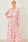 Yumi White Orchid Floral Pleated Wrap Maxi Dress