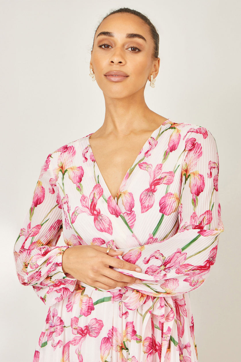 Yumi White Orchid Floral Pleated Wrap Maxi Dress