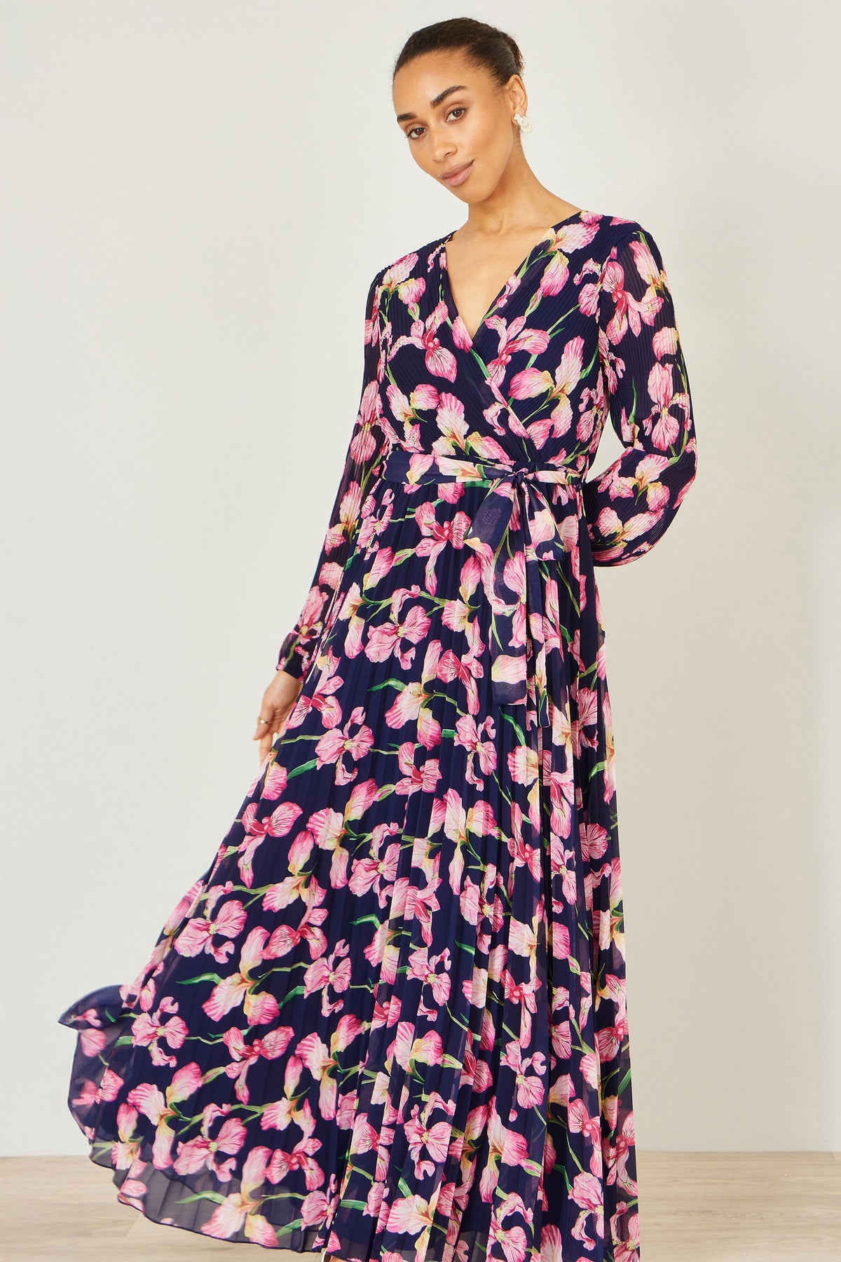 Yumi Navy Orchid Floral Pleated Wrap Maxi Dress