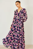 Yumi Navy Orchid Floral Pleated Wrap Maxi Dress