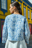 Yumi Blue Boho Floral Print Cropped Reversible Cotton Quilted Jacket