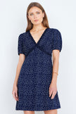 Yumi Navy Spot Print Lace Trim Skater Dress