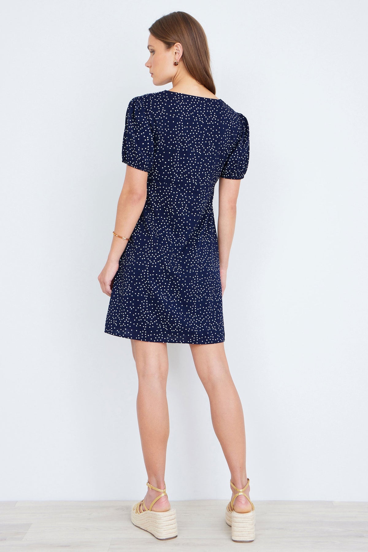 Yumi Navy Spot Print Lace Trim Skater Dress