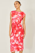 Yumi Red  Mesh Ruched Bodycon Midi Dress